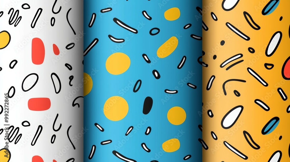 Poster three different colored paper with a pattern of circles and squares