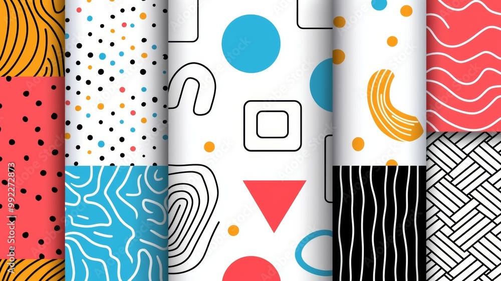 Poster a collection of colorful and abstract patterns, including circles, squares