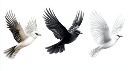 Obraz premium Three birds flying in the sky, one white, one black, and one gray