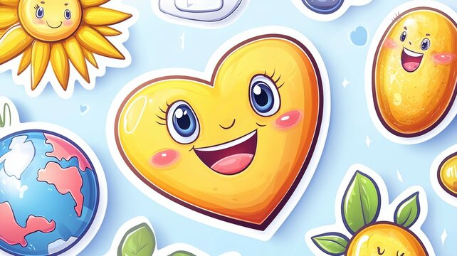A collection of cartoon stickers with a smiling heart in the middle - Powered by Adobe