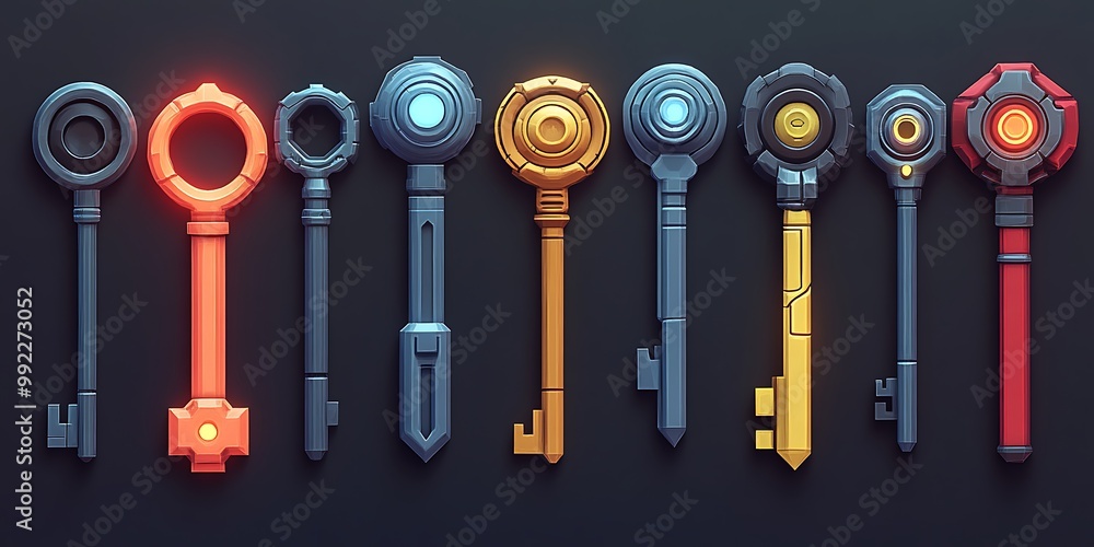 Poster set of 10 unique fantasy keys with futuristic design on dark background. 3d render.