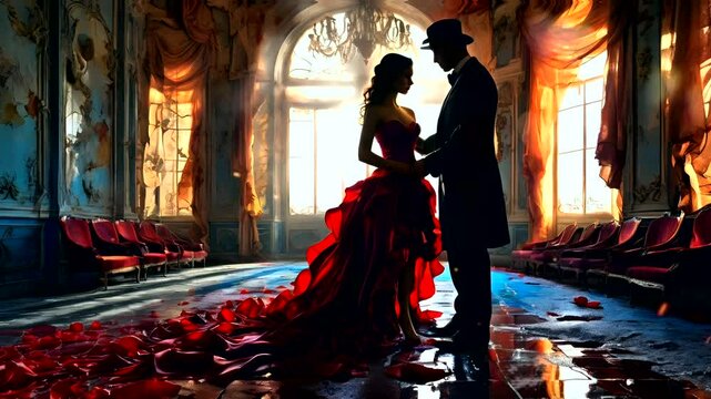 dancing couples sprinkled with red roses, the atmosphere is amazing,seamless looping 4k video background