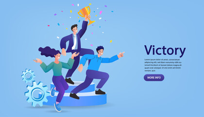 Team victory and business success concept. A happy team celebrates with a trophy on a podium, with gears representing the process and a man pointing to the future, symbolizing a winning strategy.