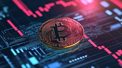 Digital currency shines brightly on tech inspired background.