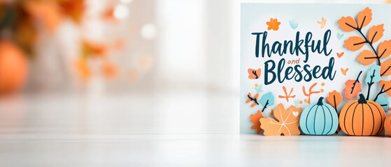 Thankful and blessed card with autumn leaves and pumpkins.