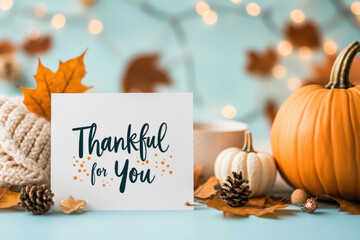 Thankful for you card with autumn decorations and cozy elements.