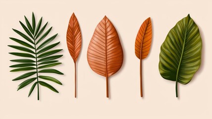Obraz premium A row of five different colored leaves, including green, orange, and brown