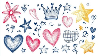 Fototapeta premium A drawing of hearts, stars, and a crown
