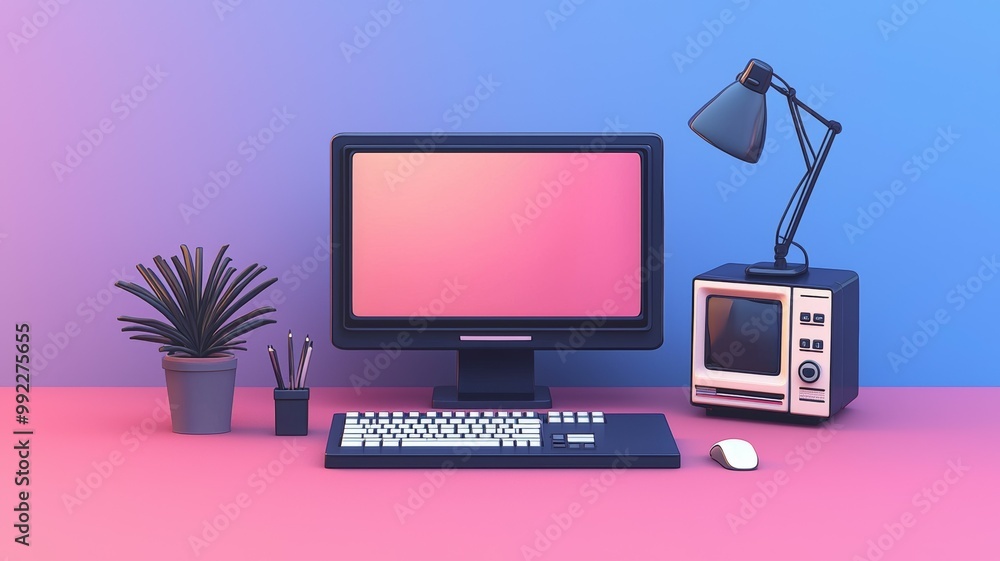 Poster a computer monitor sits on a desk next to a microwave and a lamp