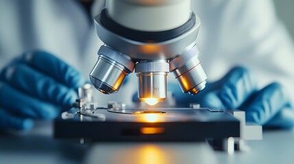 A Microscope Lens Illuminating a Specimen on a Stage