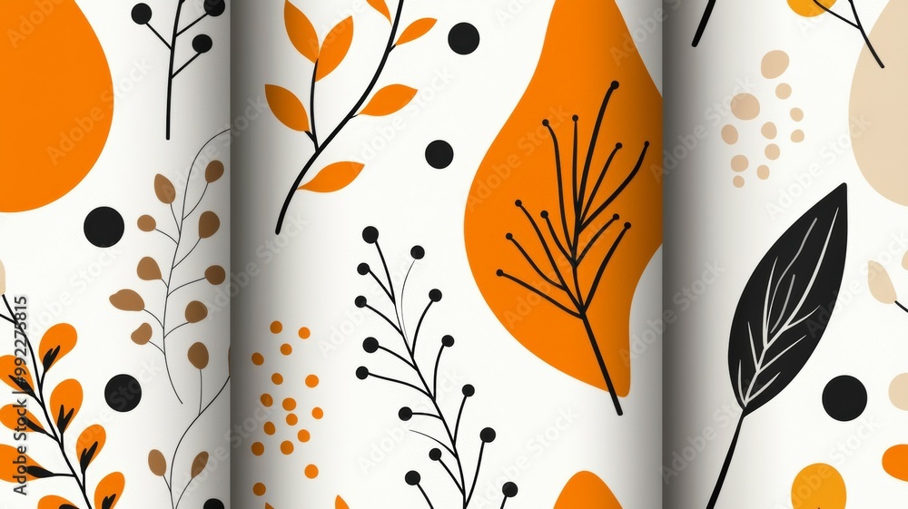 Poster a set of three sheets of paper with a leafy pattern and orange and black colors