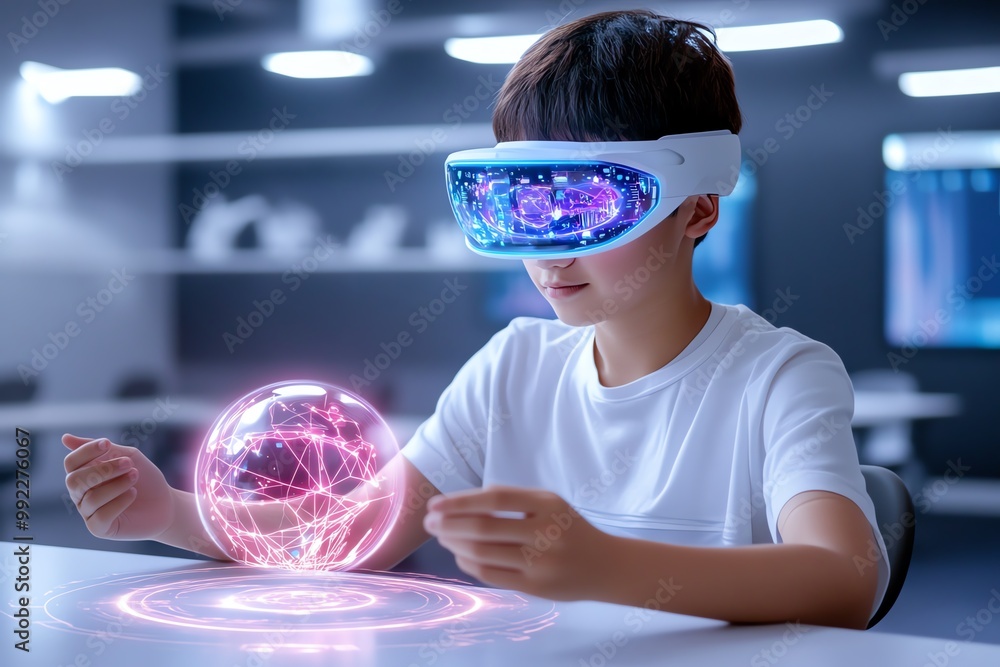 Aufkleber A futuristic classroom with holographic displays, where students interact with 3D models and virtual lessons in a fully digital learning environment