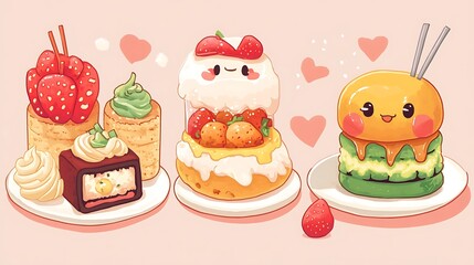 Kawaii Dessert Set,  Cute and Delicious Treats with Faces