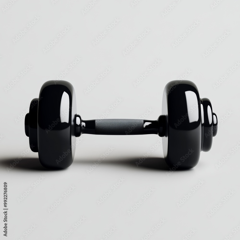 Poster a sleek 3d representation of a dumbbell, designed with a minimalistic aesthetic, placed against a cl