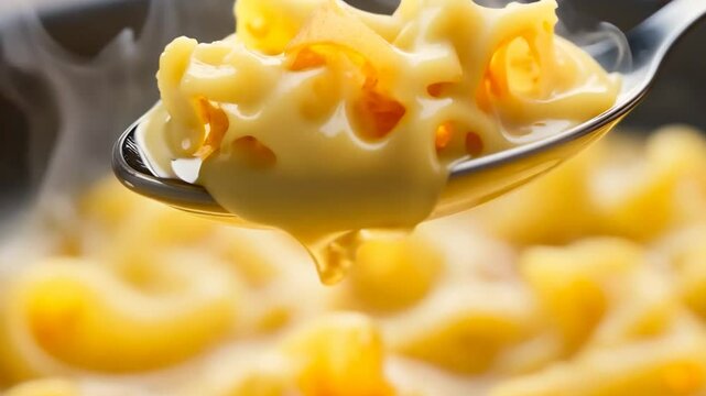 A steaming spoonful of creamy macaroni cheese is lifted above a bowl, showcasing its gooey texture. The kitchen atmosphere adds warmth to the delightful dish