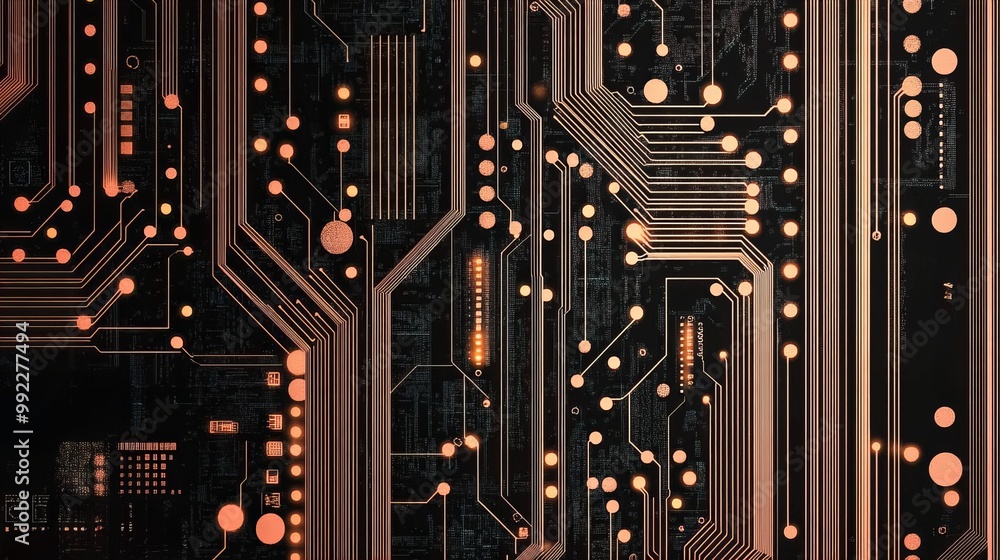 Poster close up of a circuit board with copper wiring and glowing lights. the intricate network of pathways