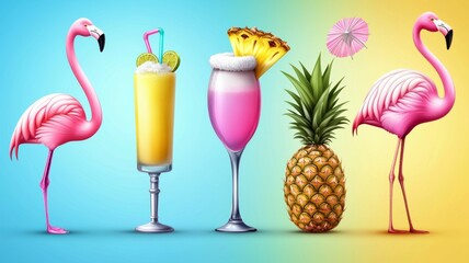 A group of flamingos are standing next to a variety of drinks and a pineapple