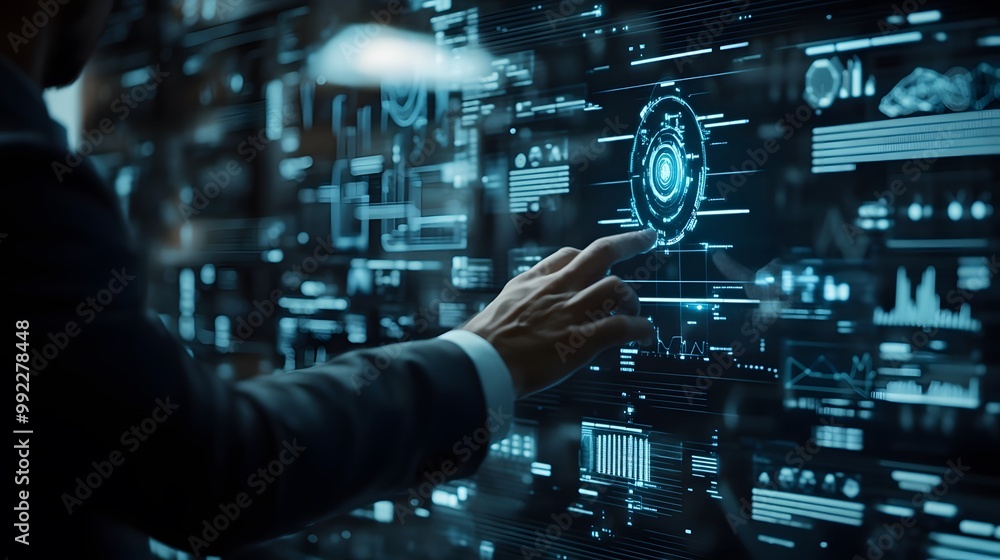 Poster hand interacting with futuristic interface displaying data