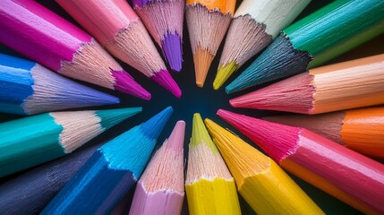 Fototapeta premium Colorful pencils arranged in a circle on a dark blue background