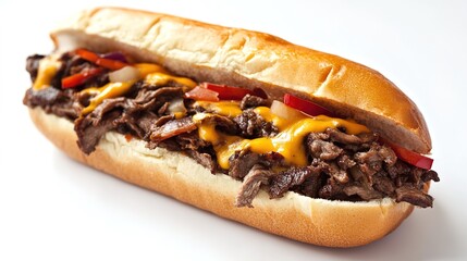 A mouthwatering cheesesteak sandwich showcasing tender slices of beef, melted cheese, and saut&eacute;ed onions and peppers, all packed into a fresh hoagie roll. 