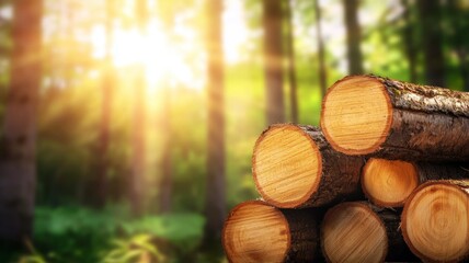 A pile of wood logs with the sun shining on them