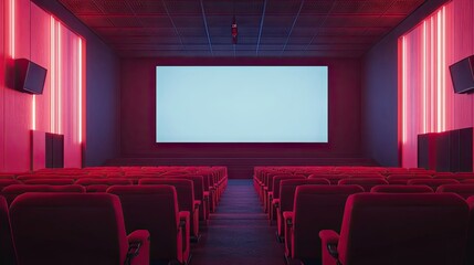 A quiet cinema hall with plush red seats, a large blank screen ready for a film, and soft ambient lighting creating a cinematic mood.