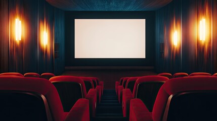 Fototapeta premium A quiet cinema hall with plush red seats, a large blank screen ready for a film, and soft ambient lighting creating a cinematic mood.