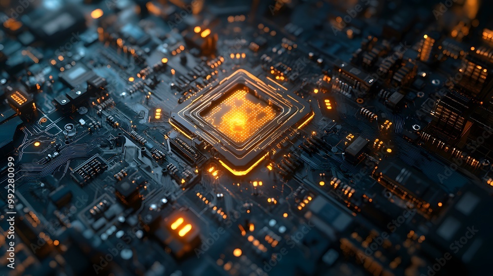 Poster glowing processor chip on circuit board