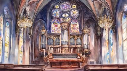 Obraz premium Watercolor Painting of a Church Pipe Organ with Stained Glass Windows.