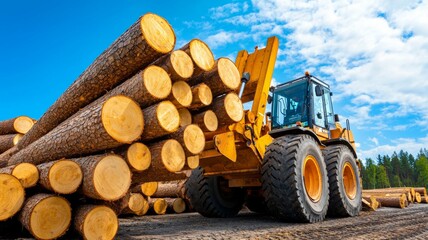 Obraz premium A large yellow truck is pulling logs from a pile