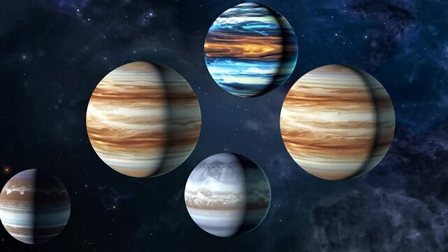 Five remarkable gas giants are depicted in vibrant colors, showcasing their distinctive cloud formations and atmospheric features amidst a dark cosmic backdrop filled with stars