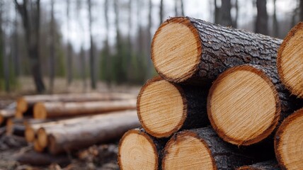 A pile of logs with a few of them being cut in half