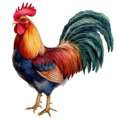 Fototapeta premium Watercolor Illustration of a Colorful Rooster with a Striking Tail.