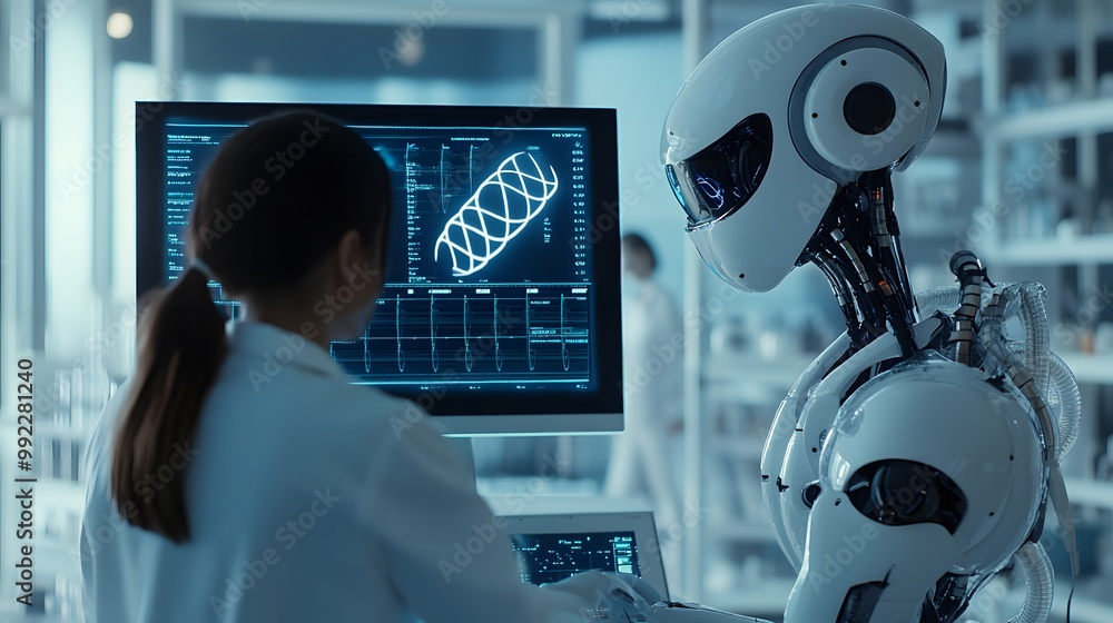 Poster a scientist and a robot examining data on a computer screen
