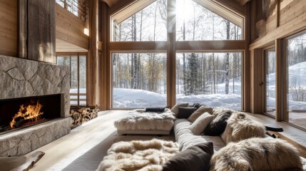 Cozy Living Room with Fireplace and Snowy Winter View