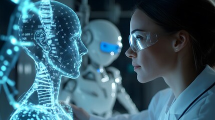 Female Scientist Examining a Holographic Human Head with Data Overlays