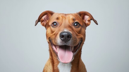 Obraz premium A brown dog with a pink tongue is smiling and looking at the camera