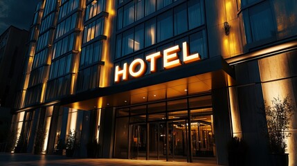 A sleek hotel exterior with a glowing "HOTEL" sign illuminated at night, showcasing its modern design and luxurious facade against a city backdrop.