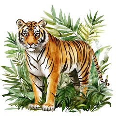 Watercolor Tiger with Tropical Leaves.