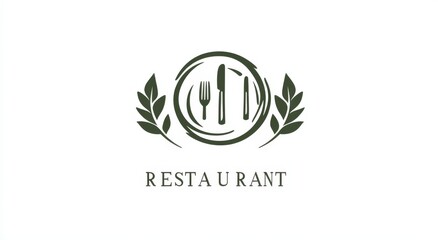 Logo Design Featuring the Text "RESTAURANT" with Cutlery and a Plate in the Background, Utilizing a Green, Grey, and Yellow Color Palette 