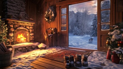 Obraz premium Cozy Cabin Interior with a Winter Wonderland View and a Warm Fire