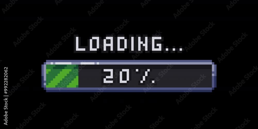 Poster Pixel art loading animation, retro game start, 8 bit, download bar screen. Pixelated progress animation. Loading from 0 to 100 percent. Video with transparent background
