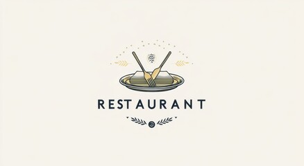 Logo Design Featuring the Text "RESTAURANT" with Cutlery and a Plate in the Background, Utilizing a Green, Grey, and Yellow Color Palette 