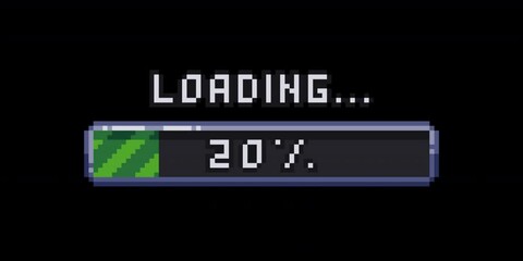 Pixel art loading animation, retro game start, 8 bit, download bar screen. Pixelated progress animation. Loading from 0 to 100 percent. Video with transparent background