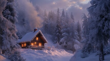 Fototapeta premium A Cozy Cabin Nestled in a Snowy Forest at Dusk