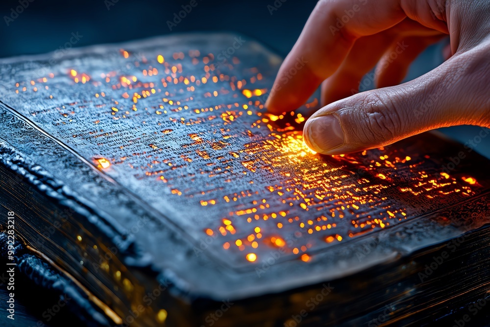 Poster a hyper-realistic close-up of a personâ€™s hand turning the page of an old, weathered book, with int