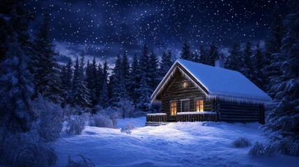 A Cozy Cabin Nestled in a Snowy Forest Under a Starry Night Sky