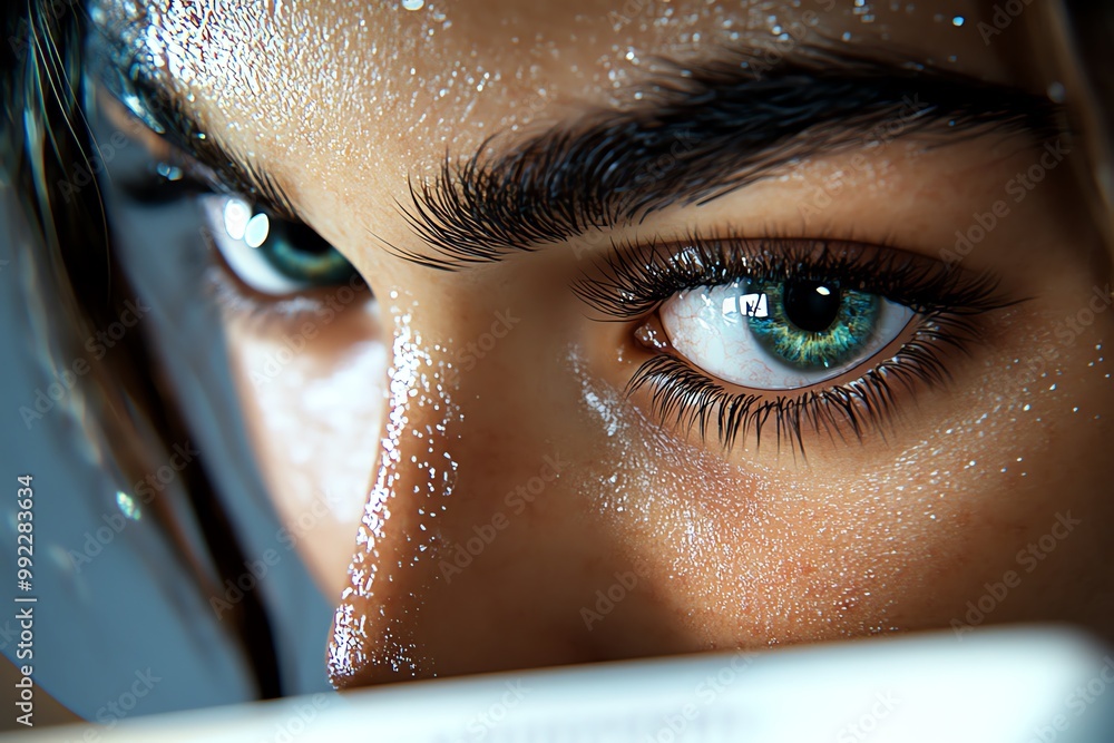 Poster A hyper-realistic close-up of a studentâ€™s face, deeply focused on reading a textbook, with every detail of their expression captured