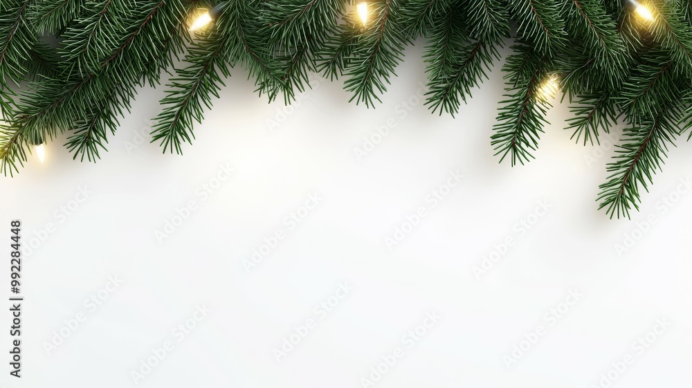 Poster a white background with a green tree branch with lights on it