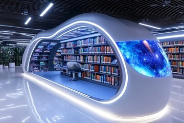 A futuristic library filled with digital bookshelves and holographic displays, where book lovers browse stories from across the galaxy